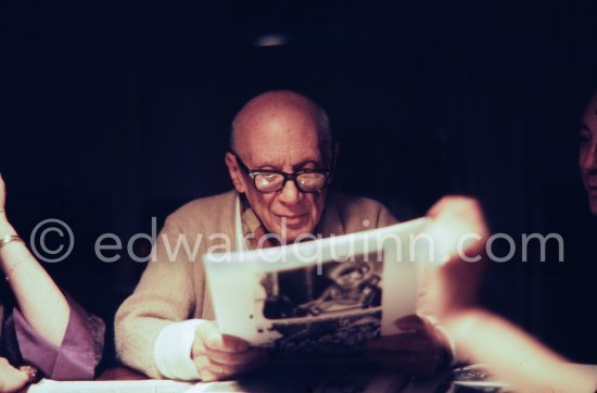 Pablo Picasso viewing the layout of the newest "Le Zervos", the catalogue raisonné of the works of Pablo Picasso. One of the last photos of Pablo Picasso by Edward Quinn. Mas Notre-Dame-de-Vie, Mougins 7. Jan 1972. - Photo by Edward Quinn
