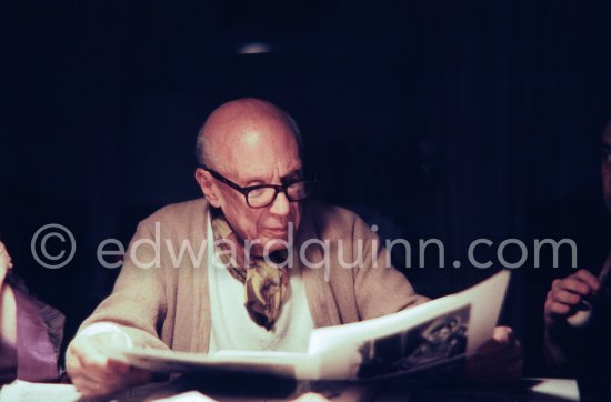 Pablo Picasso viewing the layout of the newest "Le Zervos", the catalogue raisonné of the works of Pablo Picasso. One of the last photos of Pablo Picasso by Edward Quinn. Mas Notre-Dame-de-Vie, Mougins 7. Jan 1972. - Photo by Edward Quinn
