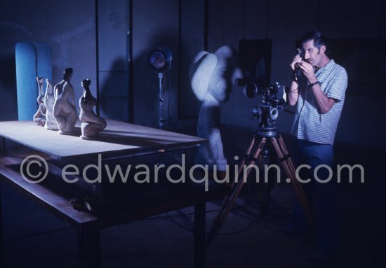 Edward Quinn filming ceramic sculptures. Musée Pablo Picasso, Antibes 1972 - Photo by Edward Quinn