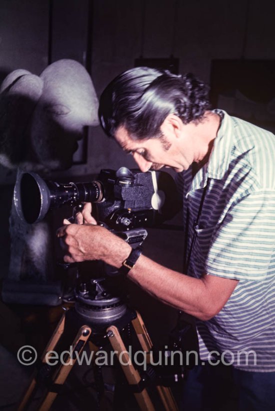 Edward Quinn filming for his documentary on Pablo Picasso. Musée Pablo Picasso, Antibes 1972. Unknown photographer - Photo by Edward Quinn