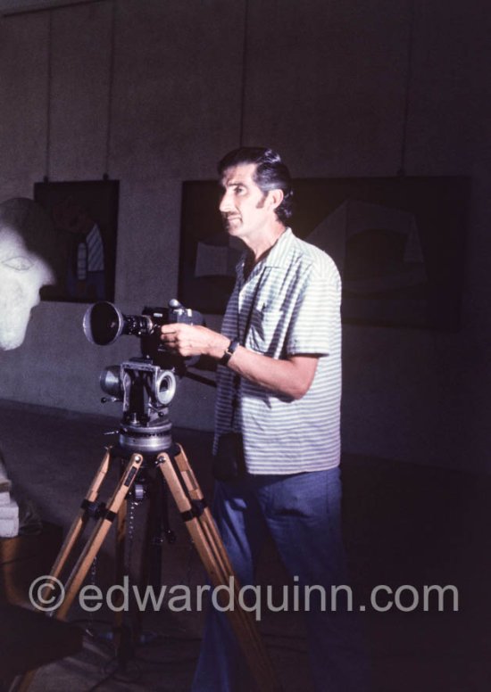 Edward Quinn filming for his documentary on Pablo Picasso. Musée Pablo Picasso, Antibes 1972. Unknown photographer - Photo by Edward Quinn