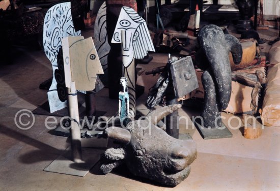 On the floor of the sculpture studio, cut out cardboard sculptures in contrast with some in bronze. Ground floor, Mas Notre-Dame-de-Vie, Mougins 1974. (Photographed after Pablo Picasso’s death.) - Photo by Edward Quinn