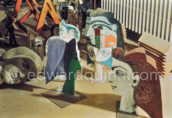 Cutout cardboards and metal sculptures, mostly inspired by Jacqueline’s features. Studio de la sculpture. Ground floor, Mas Notre-Dame-de-Vie, Mougins 1974. (photographed after Pablo Picasso's death) - Photo by Edward Quinn