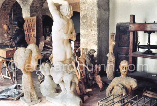 A view of the sculpture studio on the ground floor of Mas Notre-Dame-de-Vie. Amid Pablo Picasso's own sculptures, a plaster copy of Michelangelo's "Dying Slave". Mas Notre-Dame-de-Vie, Mougins 7/1974. (postumous). - Photo by Edward Quinn