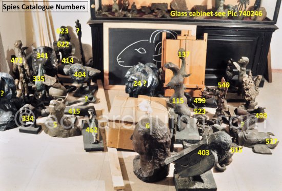 Glass cabinet (vitrine) in the old "salle à manger" at Mas Notre-Dame-de-Vie, the same glass cabinet that was "Le musée" of the studio des Grands-Augustins in Paris, see photo Brassaï, 25 Oct 1943. Mas Notre-Dame-de-Vie, Mougins 1974. (Photographed after Pablo Picasso’s death.) - Photo by Edward Quinn