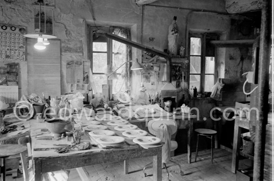 An edition of Pablo Picasso ceramics is prepared at Madoura pottery, Vallauris, date unknown, about 1978. - Photo by Edward Quinn