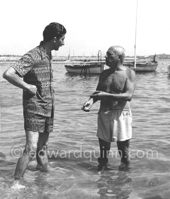 Picasso at the beach with Edward Quinn. Golfe-Juan 1954. Photographer unknown. - Photo by Edward Quinn
