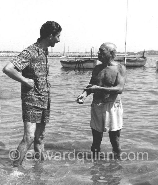 Picasso at the beach with Edward Quinn. Golfe-Juan 1954. Photographer unknown. - Photo by Edward Quinn