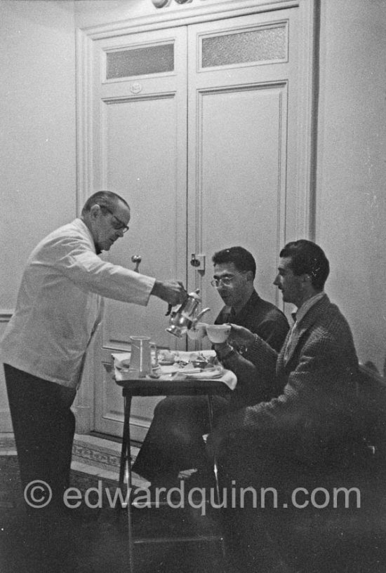 Edward Quinn and a photographer friend waiting in Carlton Hotel right outside the door of Kim Novak's room. Cannes 1956. - Photo by Edward Quinn