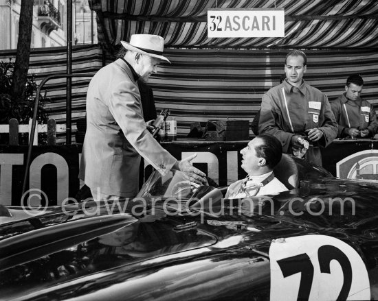 Alberto Ascari in Lancia D24, interviewed for RMC, in the film "The Racers". Director Henry Hathaway (with hat), Alberto Ascari in Lancia D24 for the film "The Racers". Monaco 1955. - Photo by Edward Quinn