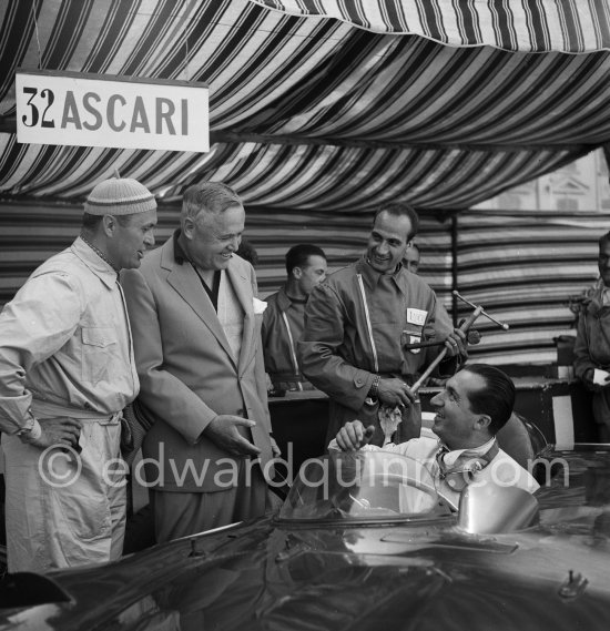 Alberto Ascari in Lancia D24 in the film "The Racers". Director Henry Hathaway (with hat), Louis Chiron, Alberto Ascari in Lancia D24 for the film "The Racers". Monaco 1955. - Photo by Edward Quinn