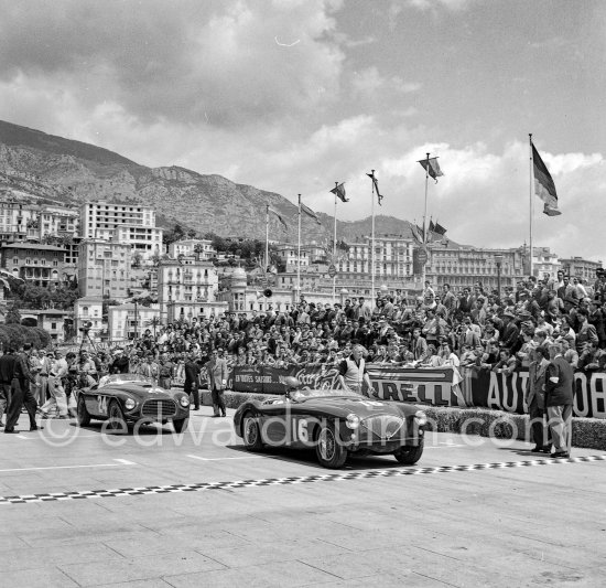 During filming of "The Racers": Lance Macklin, (16) Austin-Healey 100, Ferrari 212 Export Touring Barchetta, 0104E 52 upgraded to 225 specs, 1955. Monaco 1955. - Photo by Edward Quinn