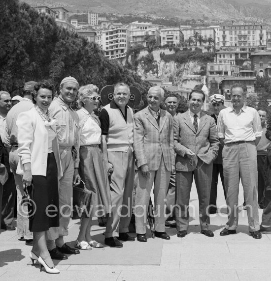 During filming of "The Racers" from left: Henry Hathaway\'s wife (?), Louis Chiron, Agnès Laury, Henry Hathaway, drivers Villoresi, Ascari, de Graffenried. - Photo by Edward Quinn
