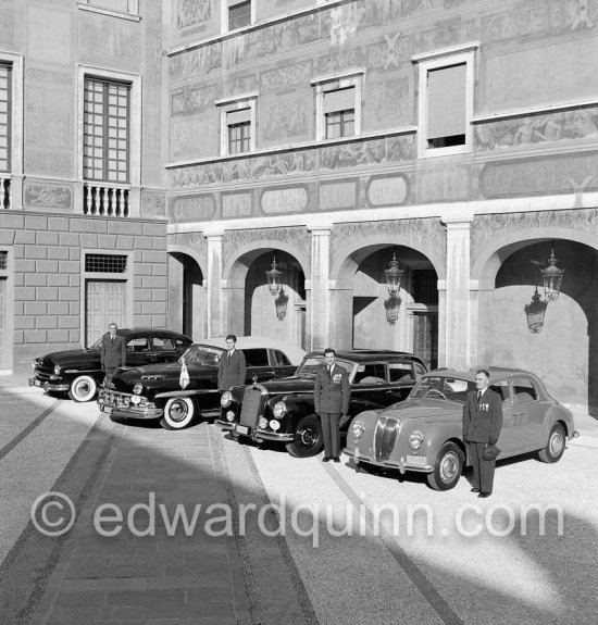The cars and chauffeurs of Prince Rainier in the court of the Palace. Monaco-Ville 1954. From left:1953. Ford Vedette (Mr. Louche), 1950 Lincoln Cosmopolitan (Mr.Benoit), Mercedes-Benz 300 Limousine (Mr. Raimondo) and Lancia Aurelia B10 Berlina or B21 (RHD) (Mr. Pogliano). - Photo by Edward Quinn