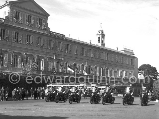 Wedding preparations: motorcyclists of the personal guard of Prince Rainier on Harley-Davidsons. Monaco-Ville 1956. - Photo by Edward Quinn