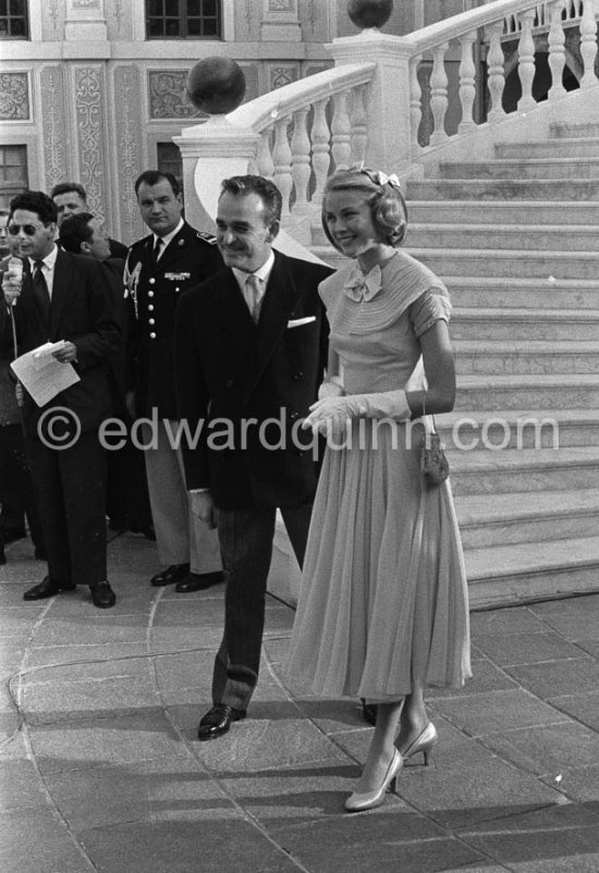 Prince Rainier and Princess Grace  meeting Monegasque people in the courtyard of the Royal Palace. Monaco 1956 - Photo by Edward Quinn