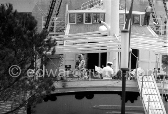 Princess Grace on board cargo ship Costa del Sol, which replaced yacht Deo Juvante II, later converted for Prince Rainier into luxury boat Deo Juvante III. Anchored in Monaco harbor 1959. - Photo by Edward Quinn