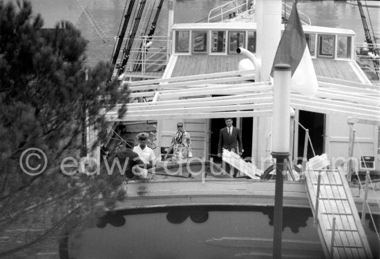 Princess Grace on board cargo ship Costa del Sol, which replaced yacht Deo Juvante II, later converted for Prince Rainier into luxury boat Deo Juvante III. Anchored in Monaco harbor 1959. - Photo by Edward Quinn