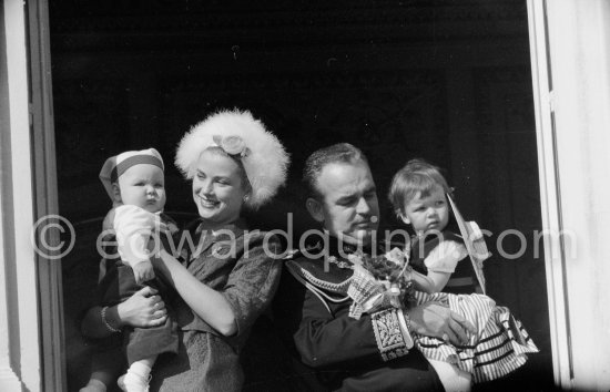 Prince Albert, Princess Caroline, Princess Grace, Prince Rainier. Fête nationale Monégasque at palace window. Monaco-Ville 1958. - Photo by Edward Quinn