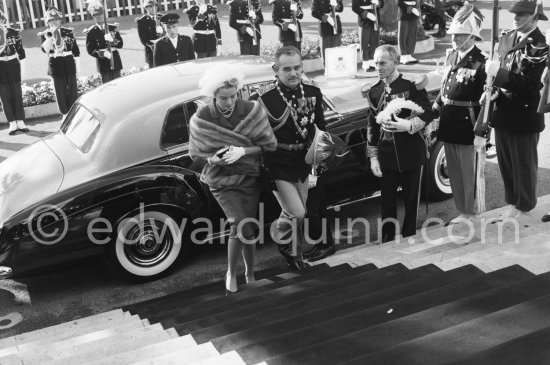 Princess Grace, Prince Rainier. Fête nationale Monégasque. Monaco-Ville 1958. Car: 1956 Rolls-Royce Silver Cloud I, #LSXA243, Standard Steel Sports Saloon. Detailed info on this car by expert Klaus-Josef Rossfeldt see About/Additional Infos. (Grace Kelly) - Photo by Edward Quinn