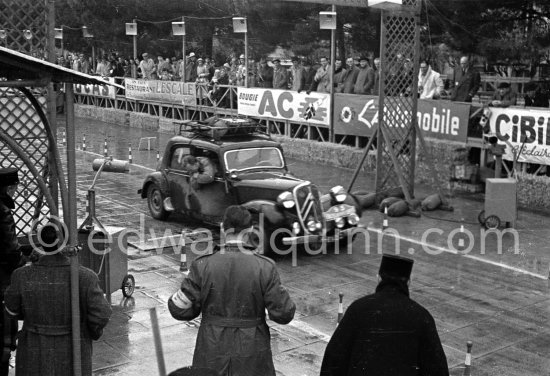 N° 93 Comte van Zuylen van Nijevelt / F. Eschauzier on Citroën Traction Avant 15 six undergoing the breaking and starting test. Cars will have to accelerate as fast as possible for 200 metres from a standing start, and then pull up in the shortest possible distance, for the cars have to keep a line between the axles. Rallye Monte Carlo 1951. - Photo by Edward Quinn