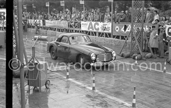 N° 108 Costa / Orsetti on Gordini Simca 8 S undergoing the breaking and starting test. Cars will have to accelerate as fast as possible for 200 metres from a standing start, and then pull up in the shortest possible distance, for the cars have to keep a line between the axles. Rallye Monte Carlo 1951. - Photo by Edward Quinn