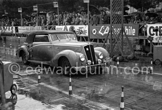 N° 204 Schwartz / Schwartz on Salmson S4E Cabriolet, undergoing the breaking and starting test. Cars will have to accelerate as fast as possible for 200 metres from a standing start, and then pull up in the shortest possible distance, for the cars have to keep a line between the axles. Rallye Monte Carlo 1951. - Photo by Edward Quinn