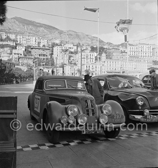 N°. 297 Nunes dos Santos / Bastos on BMW 327 Roadster and N° 187 Barendregt / Beekman on Kaiser taking part in the regularity speed test on the circuit of the Monaco Grand Prix. Rallye Monte Carlo 1951. - Photo by Edward Quinn