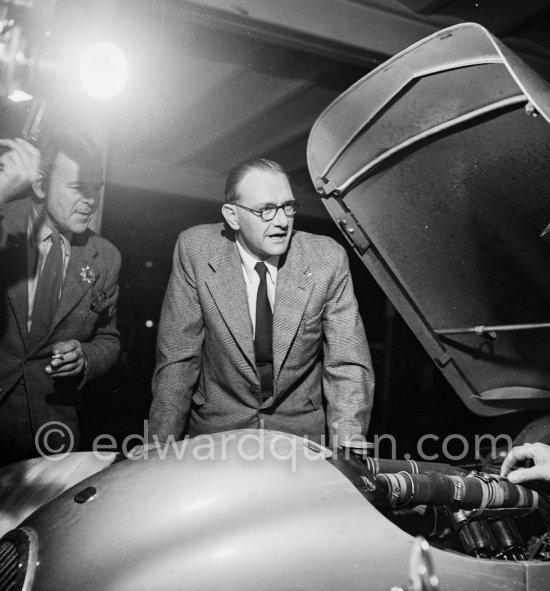 Sydney H. Allard, winner of Rallye MC 1952 with G. Warburton on N° 146, Allard P1, 4,375 c.c. Ford V8 side-valve motor. He was the founder of the Allard car company and a successful racing motorist in cars of his own manufacture. Starting from Glasgow he narrowly defeated Stirling Moss, in a Sunbeam-Talbot 90, who finished second overall. Rallye Monte Carlo 1952. - Photo by Edward Quinn