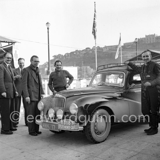 N° 318 Desmond Scannell, Stirling Moss, John Cooper (from left) on Sunbeam Talbot 90, 6th. Monte Carlo Rally 1953. - Photo by Edward Quinn