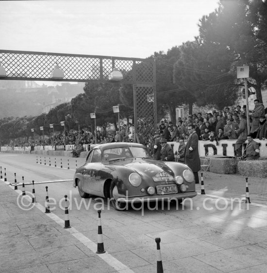 N° 423 Einsiedel / Kesselstatt on Porsche 356, undergoing the breaking and starting test. Cars will have to accelerate as fast as possible for 200 metres from a standing start, and then pull up in the shortest possible distance, for the cars have to keep a line between the axles. Rallye Monte Carlo 1953 - Photo by Edward Quinn
