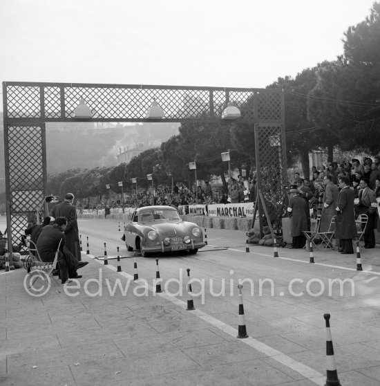 N° 422 Von Frankenberg / Bendix on Porsche 356 undergoing the breaking and starting test. Cars will have to accelerate as fast as possible for 200 metres from a standing start, and then pull up in the shortest possible distance, for the cars have to keep a line between the axles. Rallye Monte Carlo 1953. - Photo by Edward Quinn