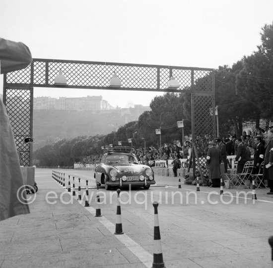 N° 421 Engel / von Hoesch on Porche 356 undergoing the breaking and starting test. Cars will have to accelerate as fast as possible for 200 metres from a standing start, and then pull up in the shortest possible distance, for the cars have to keep a line between the axles. Rallye Monte Carlo 1953. - Photo by Edward Quinn