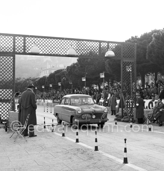 N° 428 Krull / Vidal on Ford Taunus undergoing the breaking and starting test. Cars will have to accelerate as fast as possible for 200 metres from a standing start, and then pull up in the shortest possible distance, for the cars have to keep a line between the axles. Rallye Monte Carlo 1953. - Photo by Edward Quinn