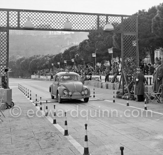 N° 437 Koks / Van der Werff on Vokswagen, undergoing the breaking and starting test. Cars will have to accelerate as fast as possible for 200 metres from a standing start, and then pull up in the shortest possible distance, for the cars have to keep a line between the axles. Rallye Monte Carlo 1953. - Photo by Edward Quinn