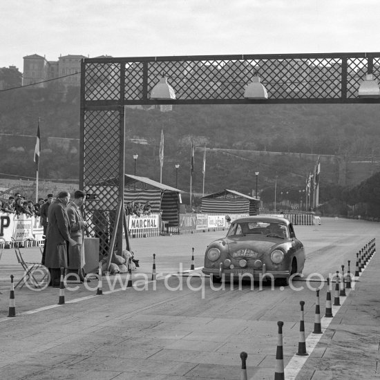 N° 366 Loeffler / Henckell on Porsche 356, undergoing the breaking and starting test. Cars will have to accelerate as fast as possible for 200 metres from a standing start, and then pull up in the shortest possible distance, for the cars have to keep a line between the axles. Rallye Monte Carlo 1953. - Photo by Edward Quinn