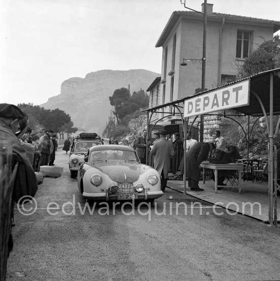 N° 422 Von Frankenberg / Bendix on Porsche 356. Rallye Monte Carlo 1953. To prevent the competitors from taking the timekeepers by surprise and passing without being spotted the organisers decided to paint the front wings of the cars white with washable paint. This enabled the officials to identify them a long way off even if their rally plates were not easily visible because of dirt or their position on the car. (Louche p. 118) - Photo by Edward Quinn