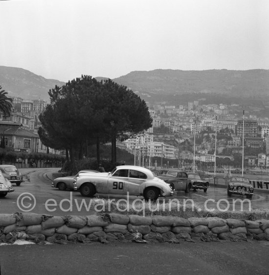 N° 90 Appleyard / Appleyard on Jaguar Mk VII, N° 112 Vard / Jolley on Jaguar MK VII taking part in the regularity speed test on the circuit of the Monaco Grand Prix. Rallye Monte Carlo 1955. - Photo by Edward Quinn