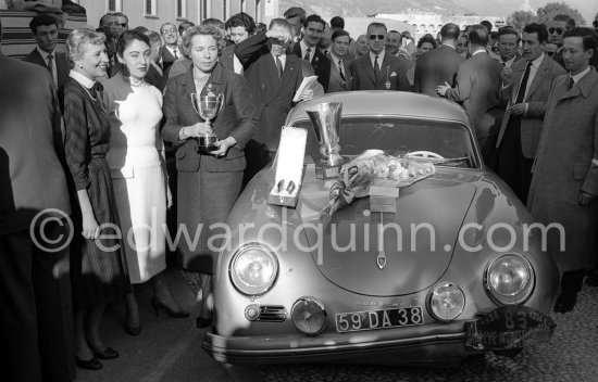 N° 83 Blanchoud / Alziary on Porsche 356 1st in Coupe des Dames. Rallye Monte Carlo 1956. - Photo by Edward Quinn