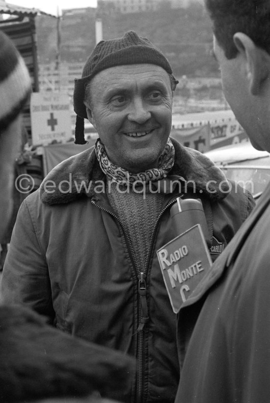 Louis Chiron interviewed for Radio Monte Carlo. N° 32 Lancia Aurélia GT, 1st in Cat. 2, Classe 1. Monte Carlo Rally 1956. - Photo by Edward Quinn
