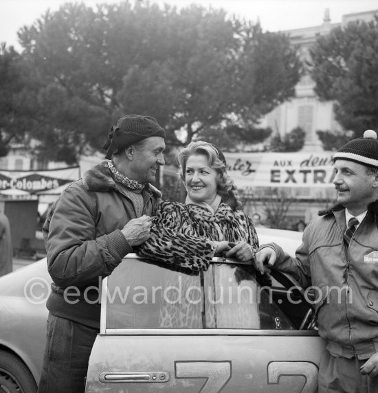 Louis Chiron and his wife. On the right his co-driver Gino Longo N° 32 Lancia Aurélia GT, 1st in Cat. 2, Classe 1. Monte Carlo Rally 1956. - Photo by Edward Quinn