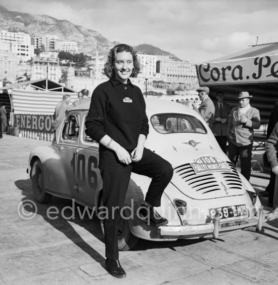 N° 106 Gilberte Thirion with Lise Renaud, Renault 4CV. Monte Carlo Rally 1956. - Photo by Edward Quinn