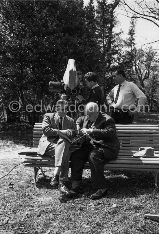 Jean Renoir talks to Huw Wheldon about his father, the painter Auguste Renoir. BBC program Monitor, episode Father and Son. At Domaine des Collettes, the estate of the Renoir family. Cagnes-sur-Mer 1962. - Photo by Edward Quinn