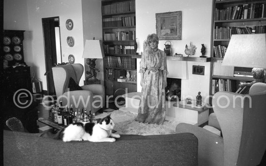 Rachel Roberts, British stage actress and her cat. Rachel was married to actor Rex Harrison. Across from the French Riviera in Portofino 1965. - Photo by Edward Quinn