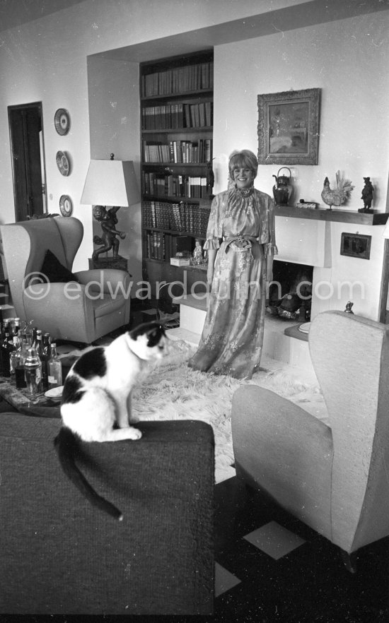 Rachel Roberts, British stage actress and her cat. Rachel was married to actor Rex Harrison. Across from the French Riviera in Portofino 1965. - Photo by Edward Quinn