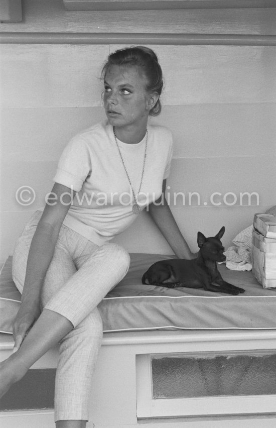 French actress and cover girl Odile Rodin and her Chihuahua Negrita. Cap d’Antibes 1957. - Photo by Edward Quinn