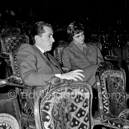 Françoise Sagan and Bernard Buffet. Rehearsal of Ballet "Le Rendez-vous manqué. Written by Françoise Sagan, directed by Roger Vadim, décor by Bernard Buffet. Grand Théâtre de Monte Carlo 1957. - Photo by Edward Quinn