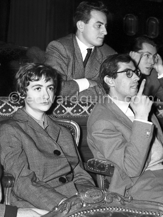 Françoise Sagan and Roger Vadim. Rehearsal of Ballet "Le rendez-vous manqué". Written by Françoise Sagan, directed by Roger Vadim, décor by Bernard Buffet (far right). Grand Théâtre de Monte Carlo 1957. - Photo by Edward Quinn