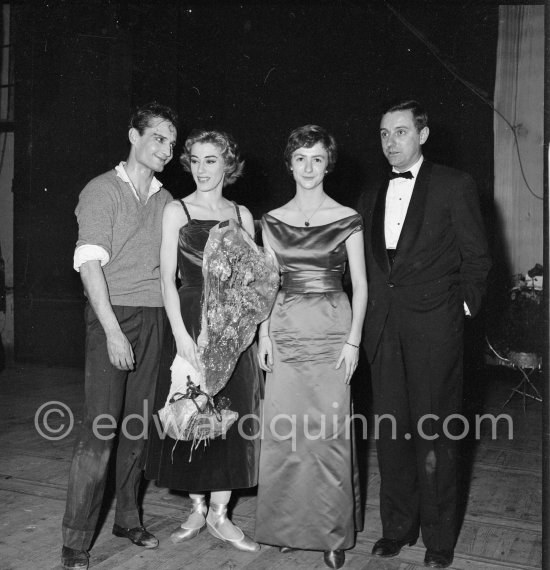 Françoise Sagan, Bernard Buffet and dancers Toni Lander and Vladimir Skouratoff (left). Gala performace of Ballet "Le rendez-vous manqué". Written by Françoise Sagan, directed by Roger Vadim, décor by Bernard Buffet. Grand Théâtre de Monte Carlo 1957. - Photo by Edward Quinn