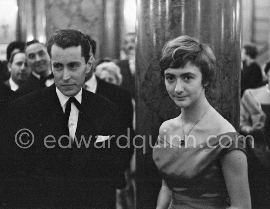 Françoise Sagan and Bernard Buffet. Gala Performace of Ballet "Le rendez-vous manqué". Written by Françoise Sagan, directed by Roger Vadim, décor by Bernard Buffet. Hotel de Paris, Monte Carlo 1957. - Photo by Edward Quinn